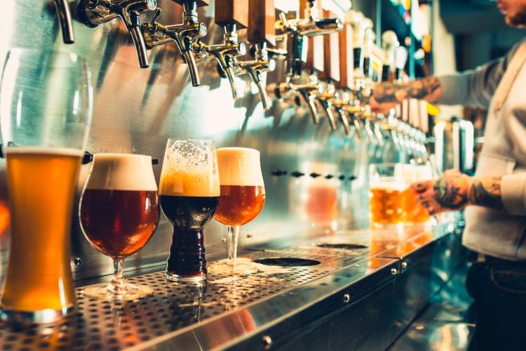 A row of craft beers on a counter